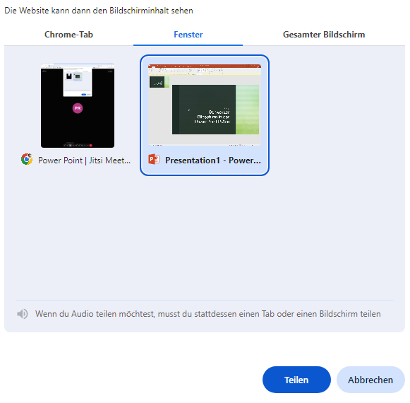 Screenshot zeigt die Bildschirmfreigabe-Optionen in einem boo.eu-Meeting, wobei das PowerPoint-Fenster für die Freigabe ausgewählt ist. Teilnehmer sehen einen schwarzen Bildschirm, wenn in den Präsentationsmodus gewechselt wird.