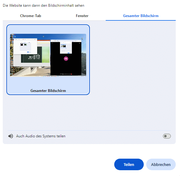 Screenshot der boo.eu-Meeting-Bildschirmfreigabeoptionen, der die Auswahl des gesamten Bildschirms zur Freigabe zeigt, einschließlich mehrerer geöffneter Fenster. Die Option, das Systemaudio zu teilen, ist sichtbar, aber deaktiviert.