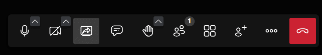 Screenshot einer Online-Meeting-Steuerleiste mit Symbolen für Mikrofon, Kamera, Bildschirmfreigabe, Chat, Hand heben, Teilnehmer, Layout und Beenden des Anrufs